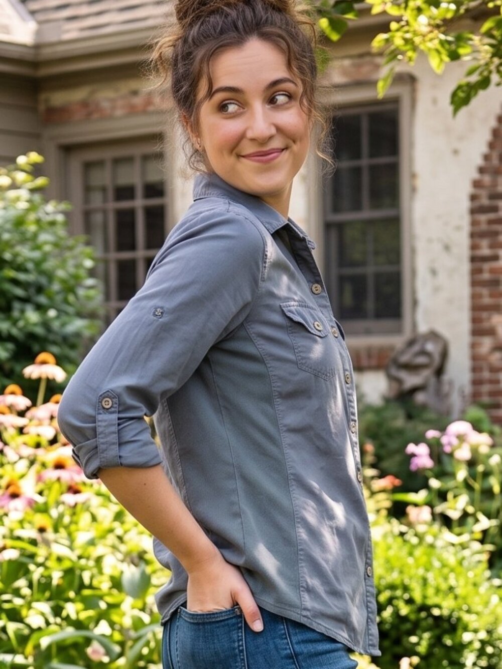 Converse One Star Womens Medium Gray Roll Up Sleeve Utility Camp Shirt Stretch P